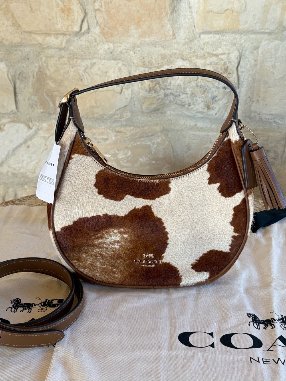 Coach Brown and White Cowhide Crescent Shoulder Bag